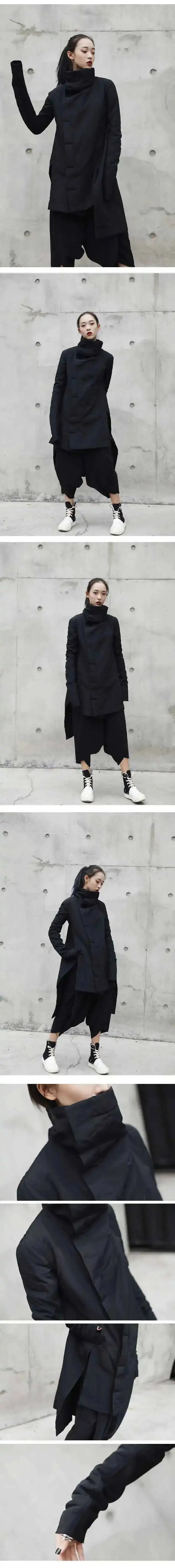 EAM 2024 New Fashion Winter Stand Collar Irregular Long Type Black Cotton-padded Clothes Loose Coat Black Jacket Woman YA771
