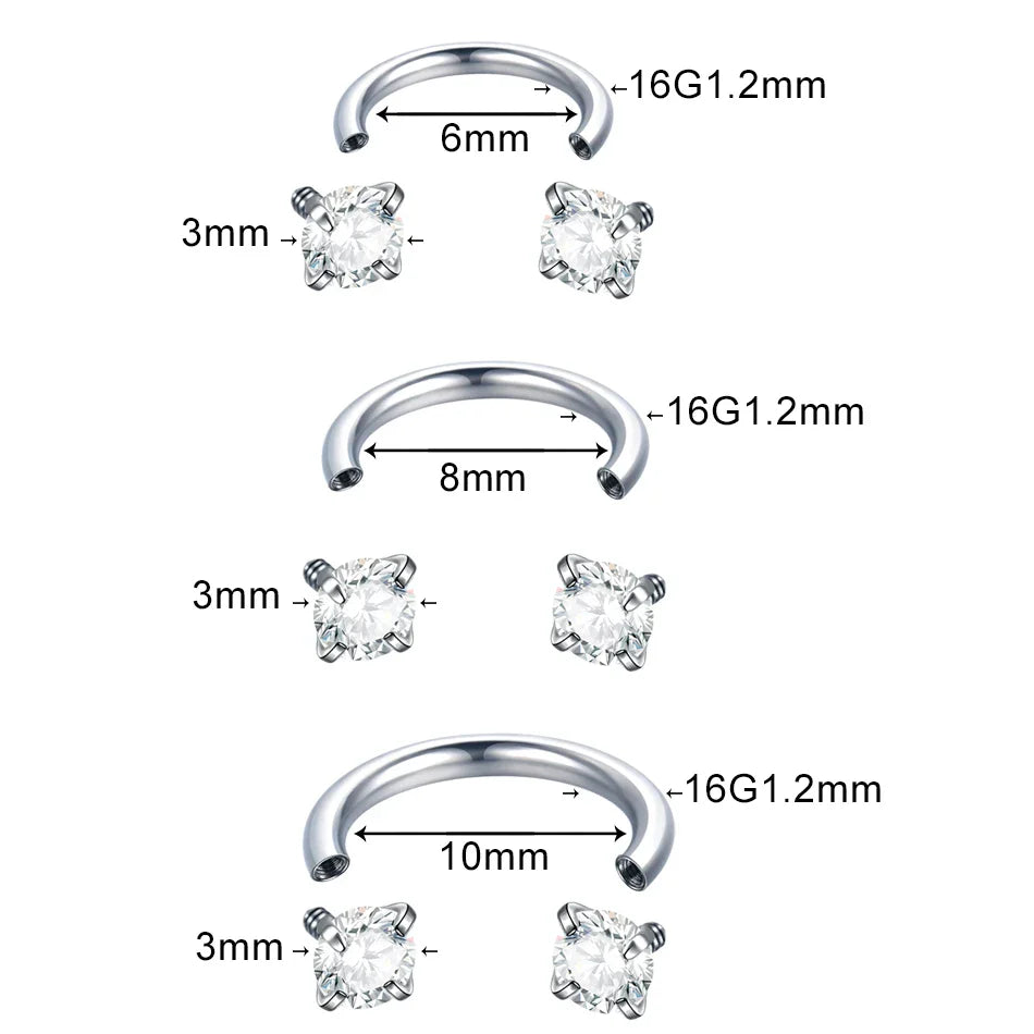 1PC Titanium Nose Horseshoe Ring Nose Septum Piercing Prong Set Round Zircon Ear Cartilage Tragus Daith Body Piercing Jewelry