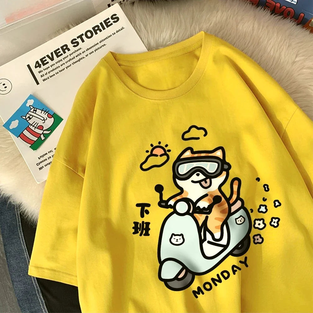 Cute Cat Riding Home After Work on Monday Women T-Shirts Cartoon Printed Tops Round Neck Soft T Shirt Summer Clothing