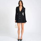2025 Autumn New Fashion V-Neck Short Dress Women Elegant Temperament Office Lady Blazer Dress Sexy Slim Pleated Black Dresses