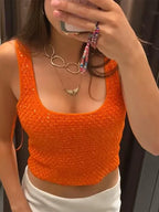 Elegant Sequined Orange Cardigans Women Y2k O-neck Short Sleeve One Button Female Tops 2025 Street Summer Lady Chic Knitwear