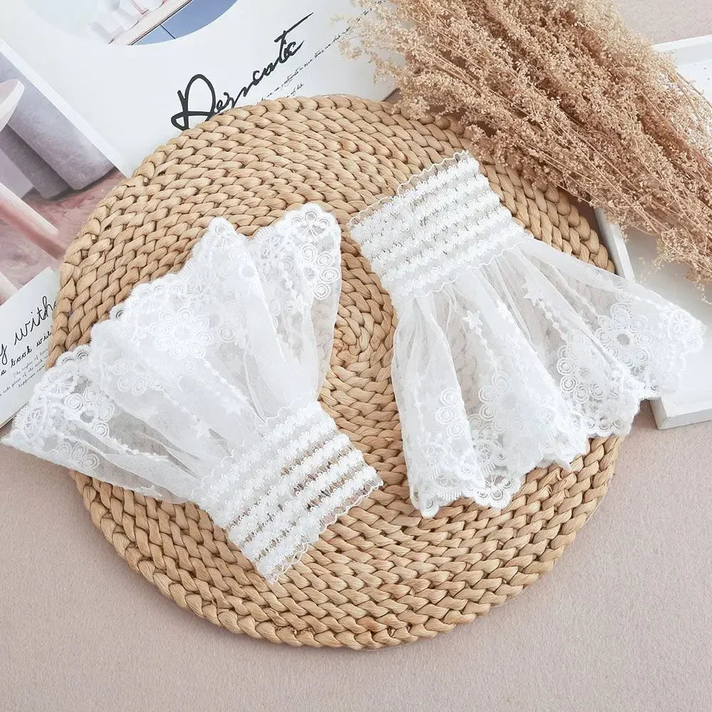 1Pair Detachable Cuffs Lace Flower Mesh Fake Flared Sleeves Double Layer Pleated Ruched False Cuffs Sweater Blouse Wrist Warmers