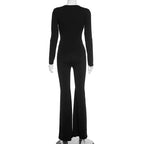 2025 Women Autumn Black Long Sleeve V Neck Jumpsuits Streetwear Bodycon Sexy Sporty Casual Rompers Fashion Overall Body Tops