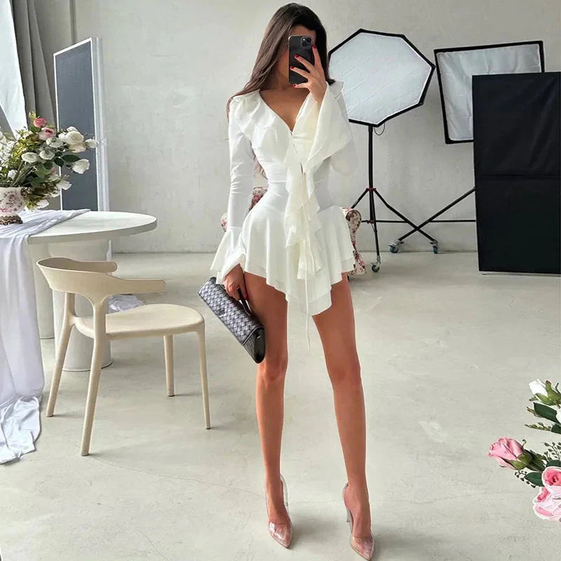 2025 New Autumn Irregular Hem Dress Women Y2K Flare Sleeve V-Neck Bandage Stretch Elegant Birthday Party Chic Hipster Bodycon
