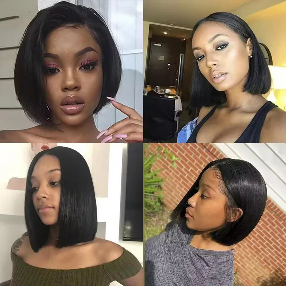 200% Density 13x4 Short Bob Straight Brazilian Remy Hair HD Transparent Lace Full Lace Frontal Wigs 100% Human Hair For Women