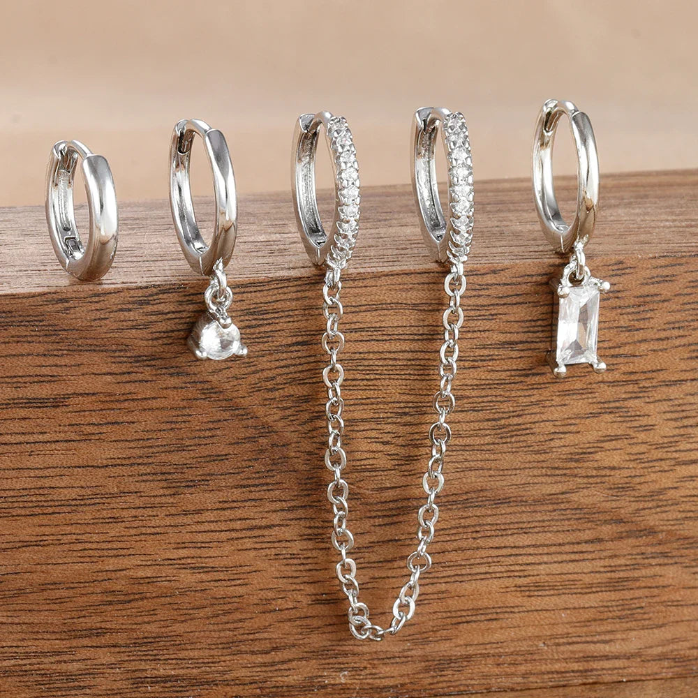 4PCS Exquisite Stainless Steel Long Chain Pendant Earrings Set for Woman Little Huggies Hoop Earrings Cartilage Piercing Jewelry