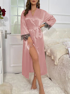 2cs Contrast Lace  Long Sleeve Belted Robe V Neck Slip Dress Sexy Elegant Women Pajamas  Sets