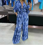 Elegant Women's Jumpsuits 2025 Summer Simple Casual  V-neck Lace Up Loose Lady Fashion Wide Leg Jumpsuit S-XXXL