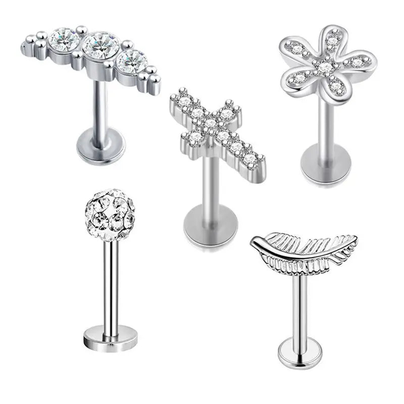 5PCS Flower Tragus Piercing Set Flat Back Cz Cartilage Stud Earring Helix Jewelry Conch Rook Stud Lot Labret Lip Piercing Bulk