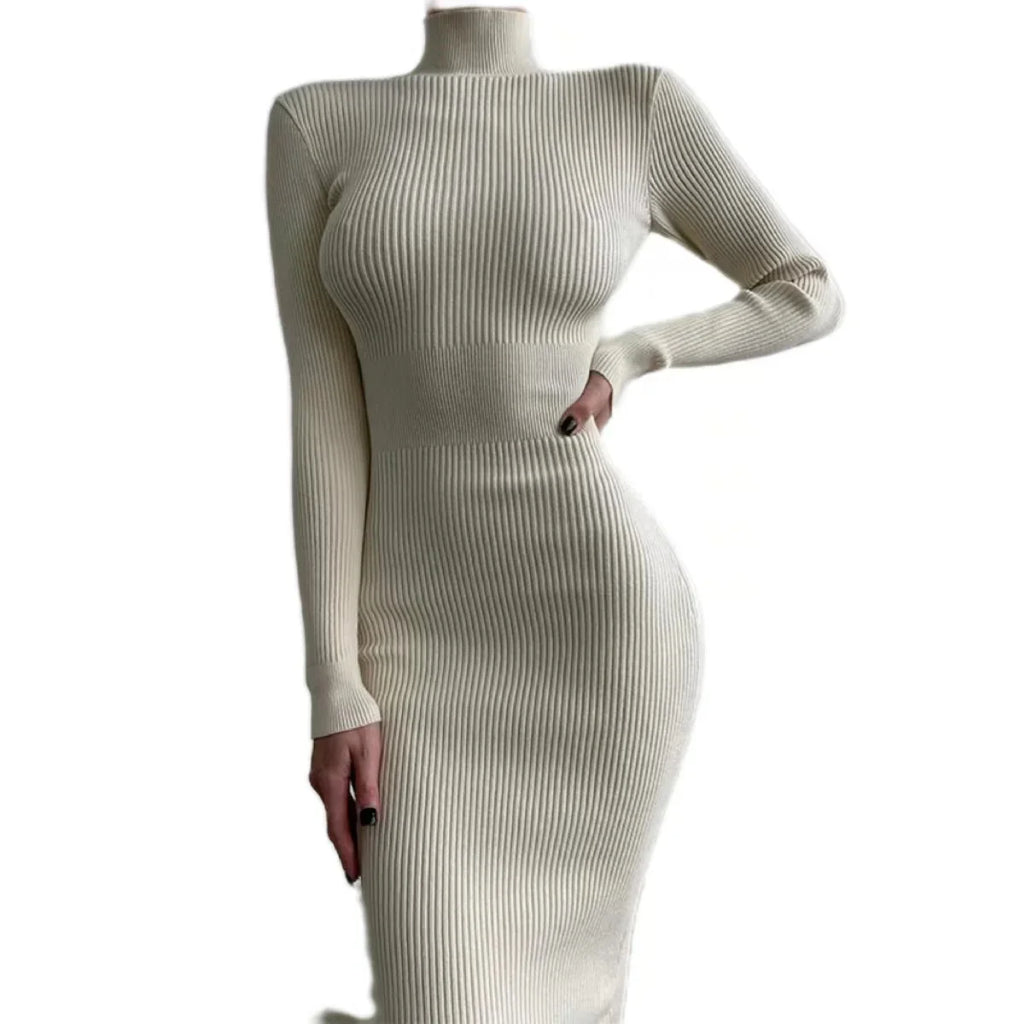 2024 New Autumn Knitted Turtleneck Dress Women Long Sleeve Bodycon Midi Dresses Female Elegant Fashion Solid Color Skinny Dress