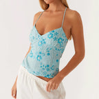 Combhasaki Women Summer Sleeveless Beading Camis Top V-neck Tie-up Cross Backless Pearl Glitter Sequin Flower Embroideried Vest