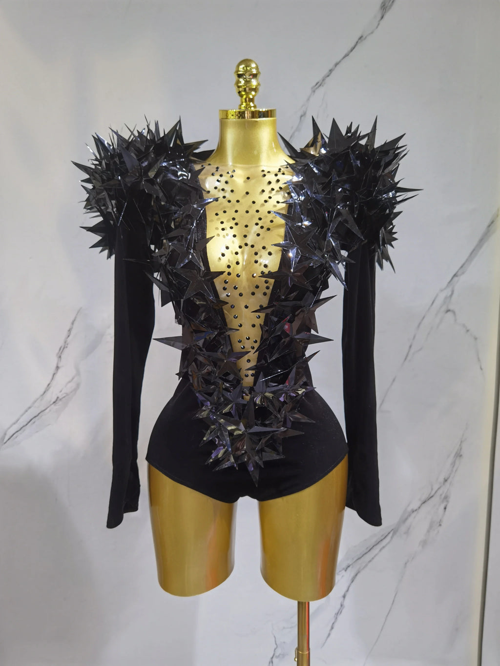 2025 New Shiny Black Rhinestone Velvet Long Sleeve Bodysuit Women Evening Party Club Gala Hosts NightClub Bar Stage Costumes