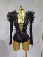 2025 New Shiny Black Rhinestone Velvet Long Sleeve Bodysuit Women Evening Party Club Gala Hosts NightClub Bar Stage Costumes