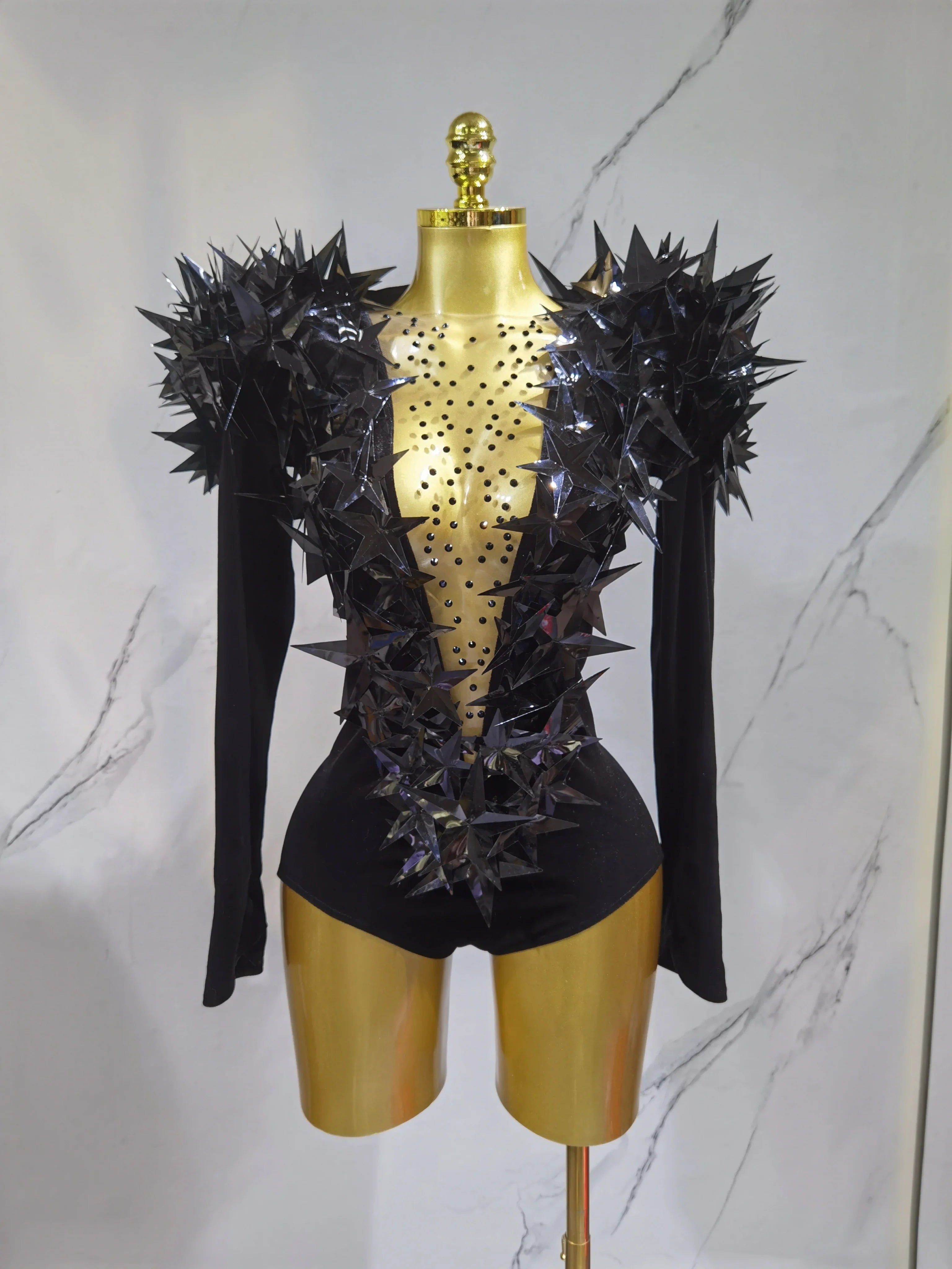 2025 New Shiny Black Rhinestone Velvet Long Sleeve Bodysuit Women Evening Party Club Gala Hosts NightClub Bar Stage Costumes