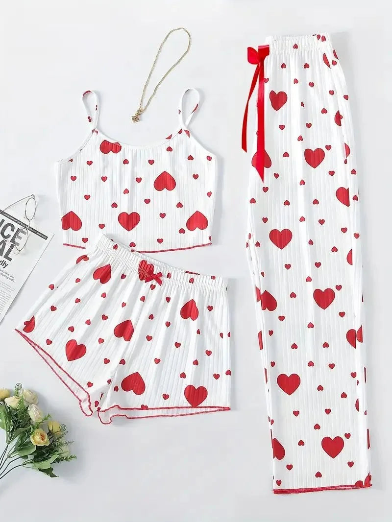 Autumn Winter Sleepwear Heart Print Sleeveless Cami Vest with Long Pants Trouser Set Pajamas Sets Women Sexy Lingerie Pyjamas