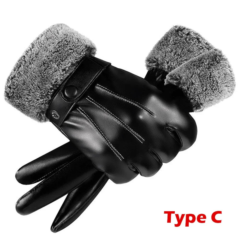 1 Pair High Quality Full Finger Black Riding Gloves Men PU Leather Glove Winter Warm Touch Screen Gloves