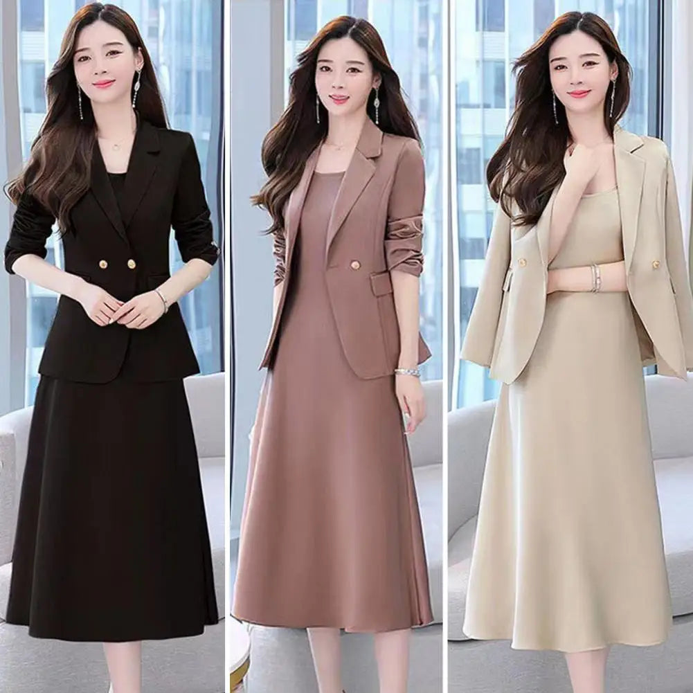 2Pcs/Set Summer Women Suit Dress Outfit  Solid Color Mid-length Lady Dress Sets Light Luxury Commute Sling Dress Coat Set