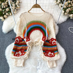 Embroidery Rainbow Crochet Top Sheer Openwork Pullover Batwing Sleeve Cover Up for Women Spring Summer Fairycore Outfit
