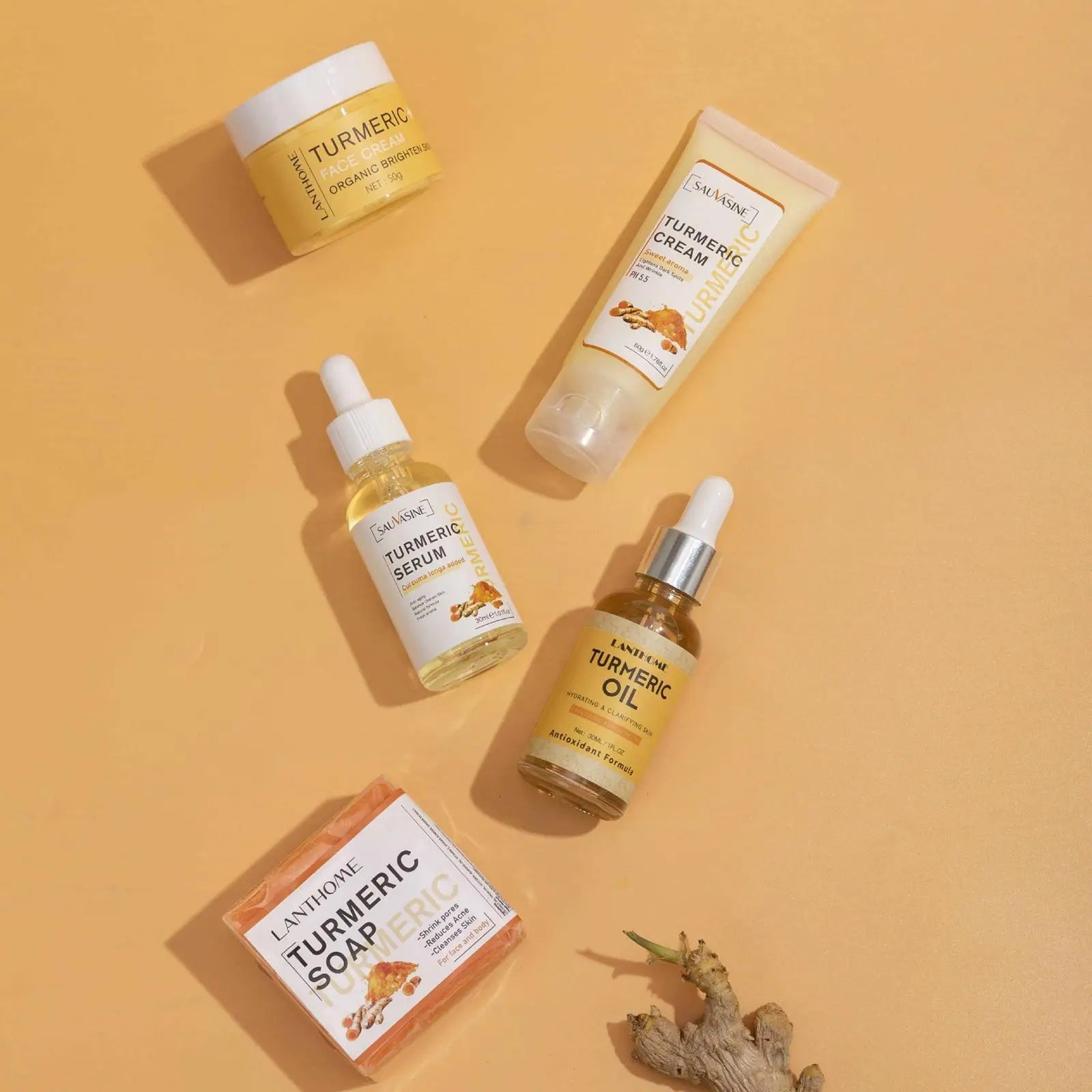 5 Piece Set Turmeric Facial Care Acne Cleansing Cream,Anti-Aging Serum,Dark Spot Moisturizer Fade Spots for Radiant Skin Care