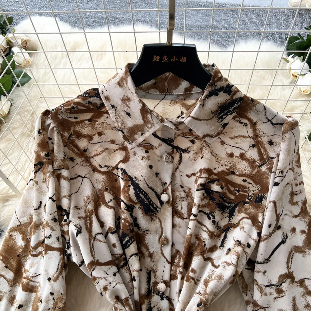 Chic vintage long sleeve turn-down collar button pleated Elegant Fairy korean fashion Boho women clothing Long dress