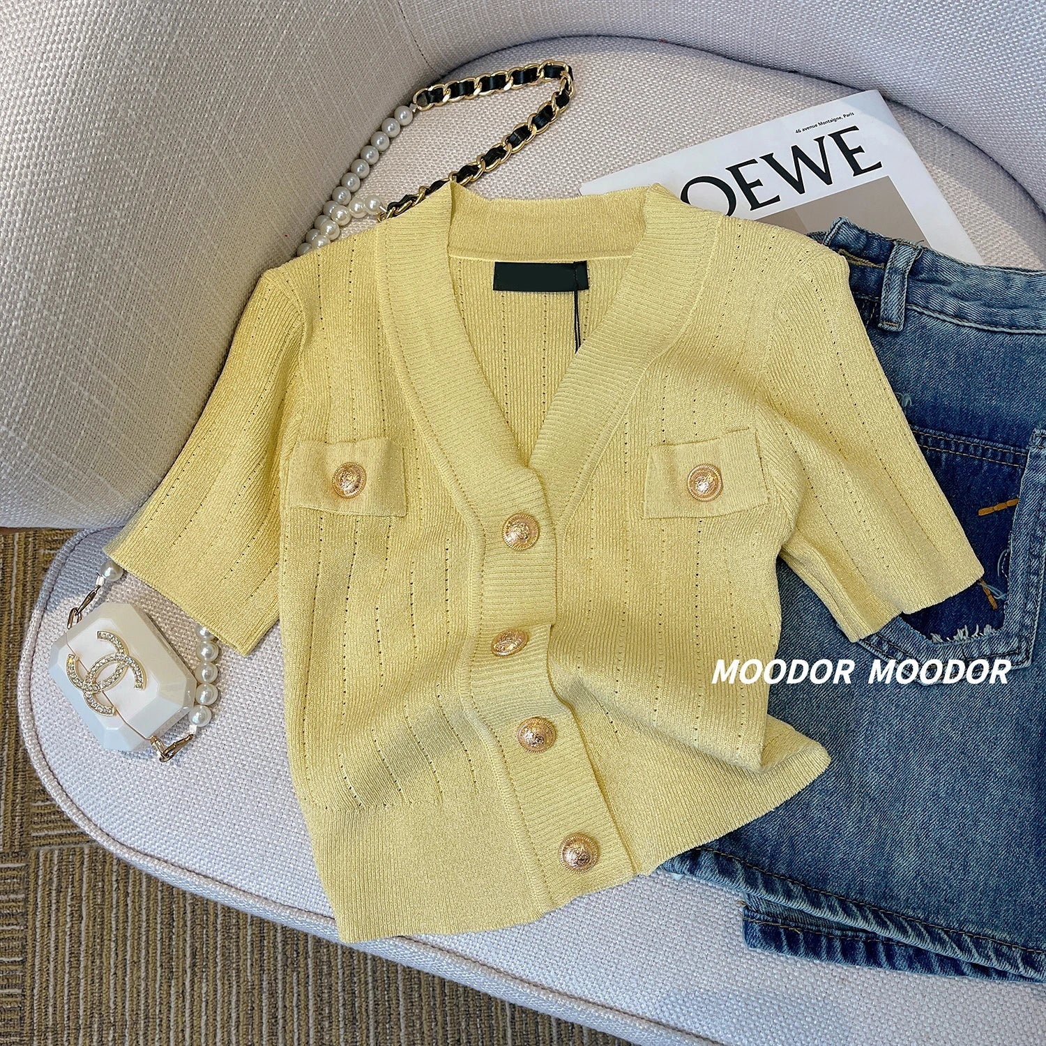 Elegant Gold Button Ice Silk Sweater Cardigan 2025 New Thin V-neck Knitted Short Sleeved Tee Women's Summer Hollow Slim Fit Top