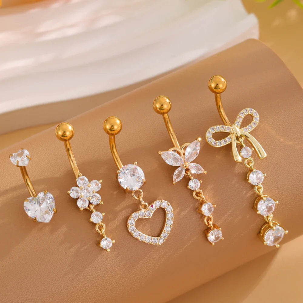14G Gold Color Series Butterfly Dangled Belly Piercing Sets 5PCS/Lot Heart Flower Curved Navel Navel Ring Belly Button Rings