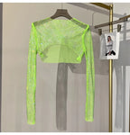 2023 new sexy bright diamond short top Slim thin Ms. hot drill long-sleeved T-shirt sexy leak waist nightclub