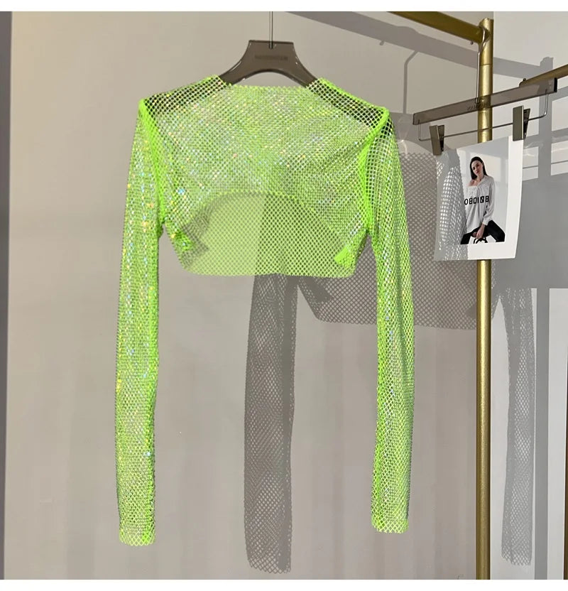 2023 new sexy bright diamond short top Slim thin Ms. hot drill long-sleeved T-shirt sexy leak waist nightclub