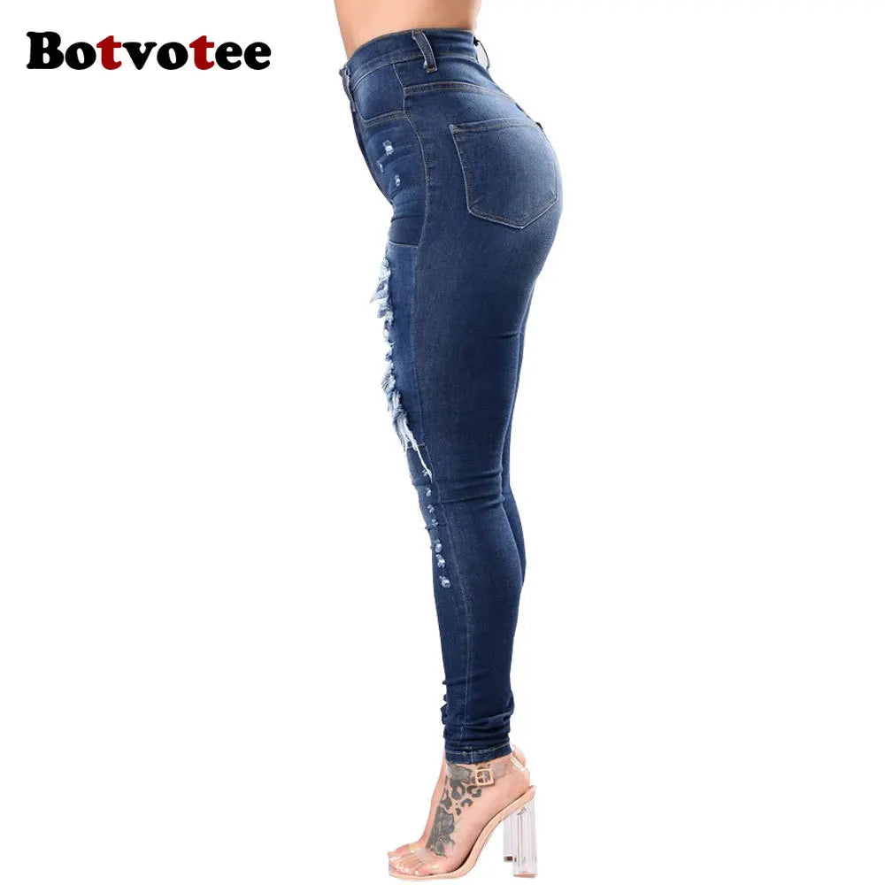 Botvotee Ripped Skinny High Waisted Pencil Jeans for Women Casual Y2K Streetwear Denim Pants Dark Blue Elastic Jeans Woman