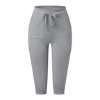 Classic Solid Color Jogging Pants Women Cotton Linen Capris Trousers Bandage Double Pocket Pants Summer Beach Vacation Wear