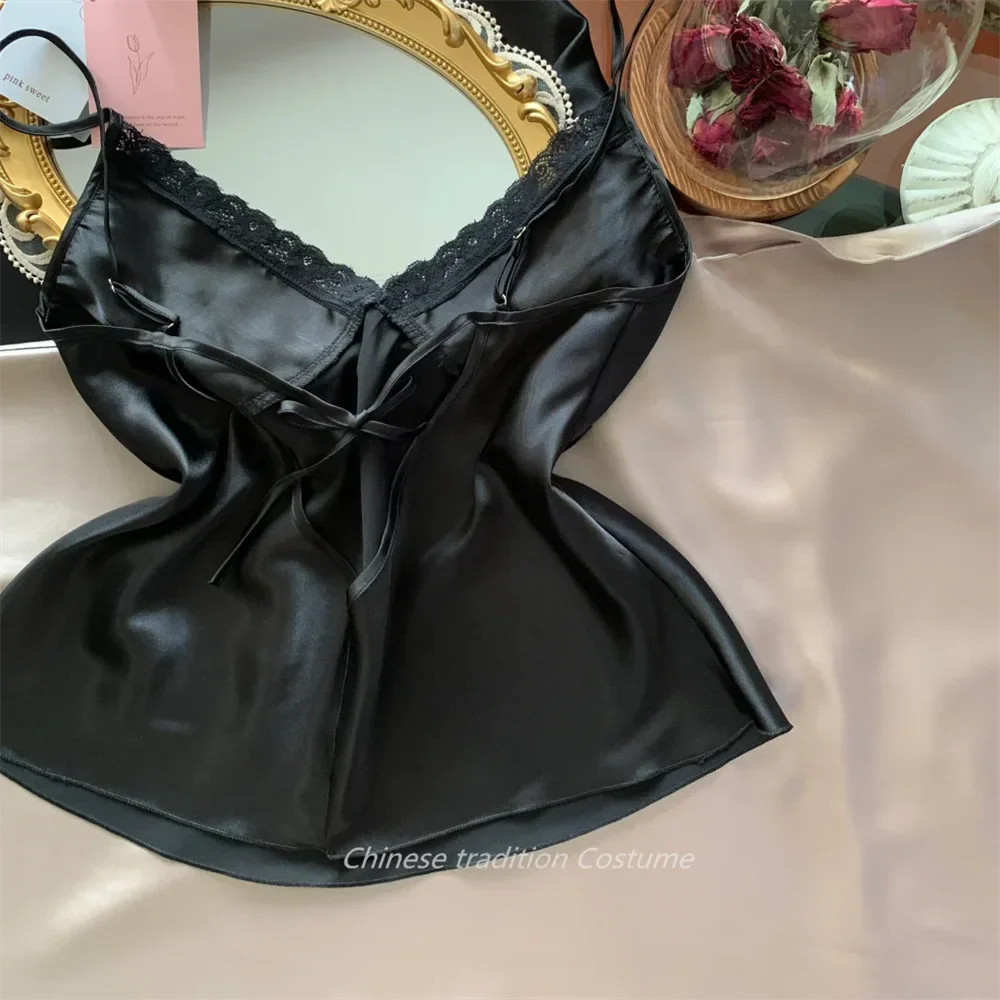 Black Pajamas Suit Lace Up Cami&shorts Set 2Pcs Satin Home Clothes Lady Sexy Lingerie Sleepwear Loungewear Plus Size 3Xl