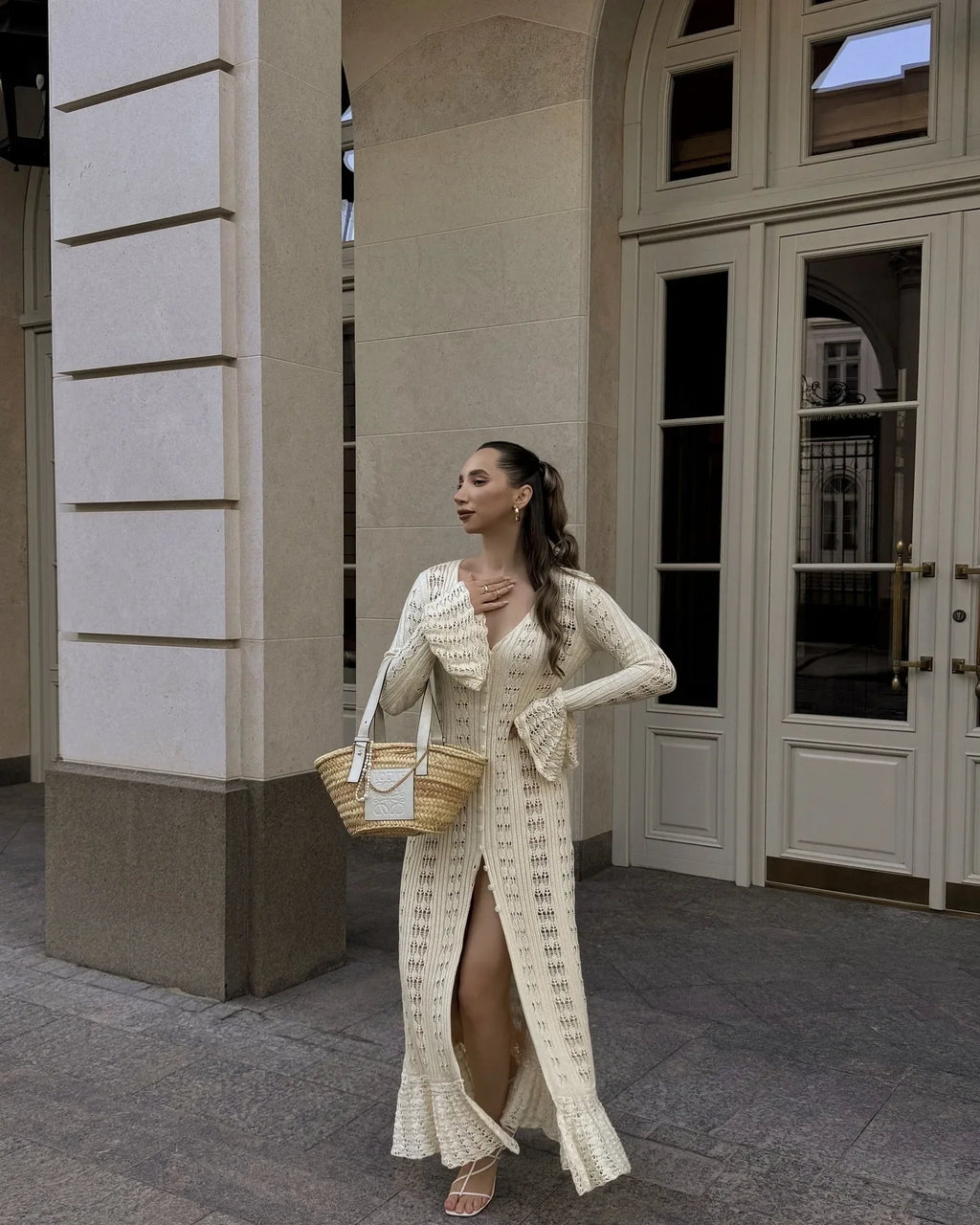 DSMTRC 2025 Holiday Knitted See-throught Cardigan Dress V Neck Long Flare Sleeves Leisure Long Trendy Single Breasted Autumn