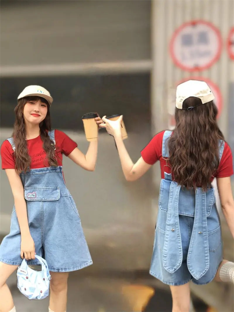 Denim Jumpsuit Rabbit Ears Cute Girl Chic Wide Legs High Waist Loose Korean Japan High Street Solid Jump Suits Women