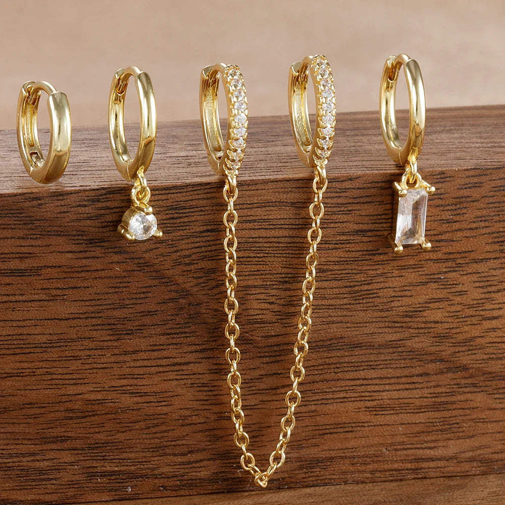 4PCS Exquisite Stainless Steel Long Chain Pendant Earrings Set for Woman Little Huggies Hoop Earrings Cartilage Piercing Jewelry