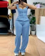 Chic Women Suit Y2k Sexy Two Piece Set Summer Sleeveless Slim Vest And Wide-leg Trouser Sets Elegant Solid Pants Women's Outfit