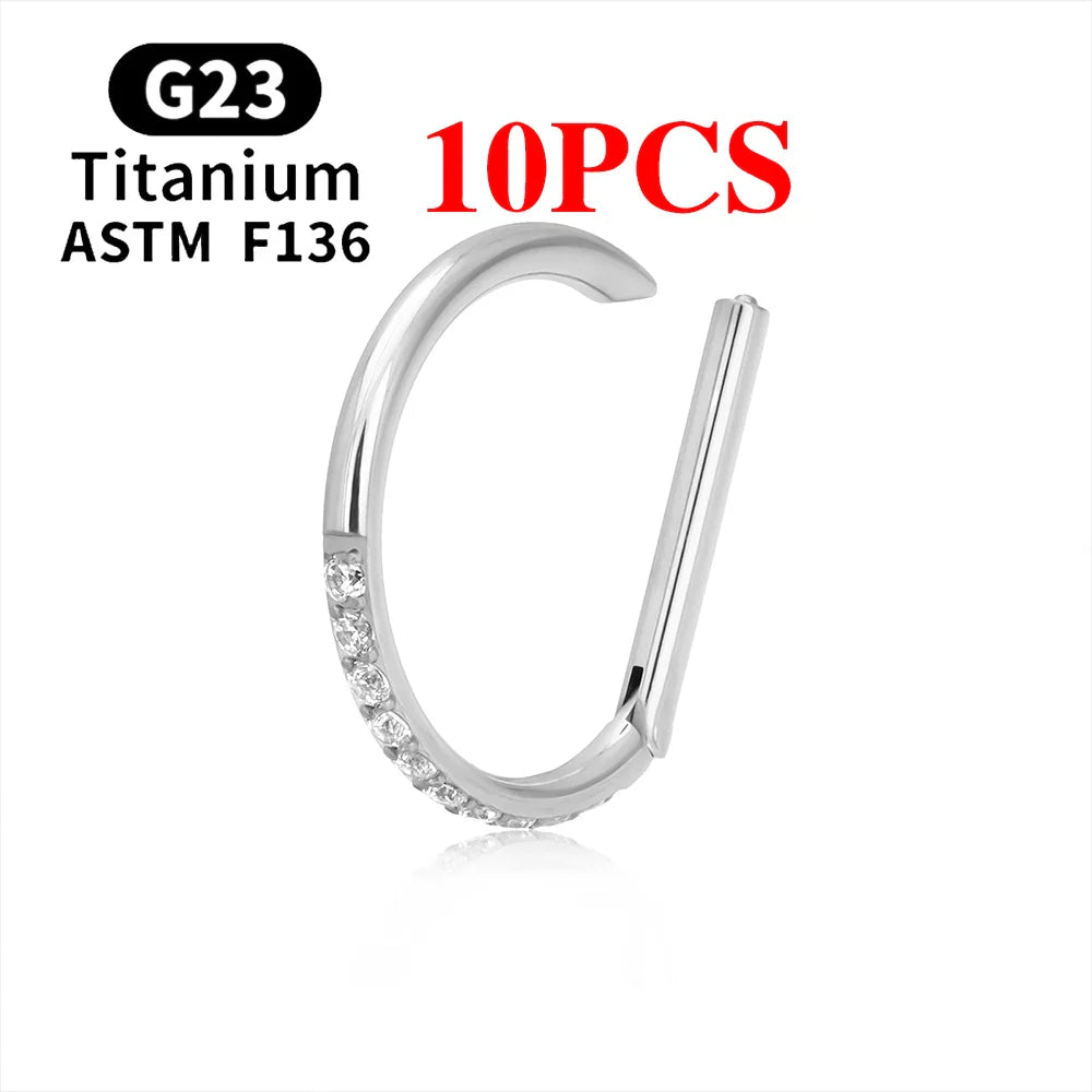 1/10PCS F136 G23 Titanium Piercing Nose Ring D Shape Hinged Segment CZ 16G Clicke Cartilage Tragus Helix Earrings Body Jewelry