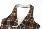 Candyhot Plaid Vintage Lace French Style Halter Crop Tops Retro Backless Sleeveless V-neck Slim Tops Casual Streetwear Camisole