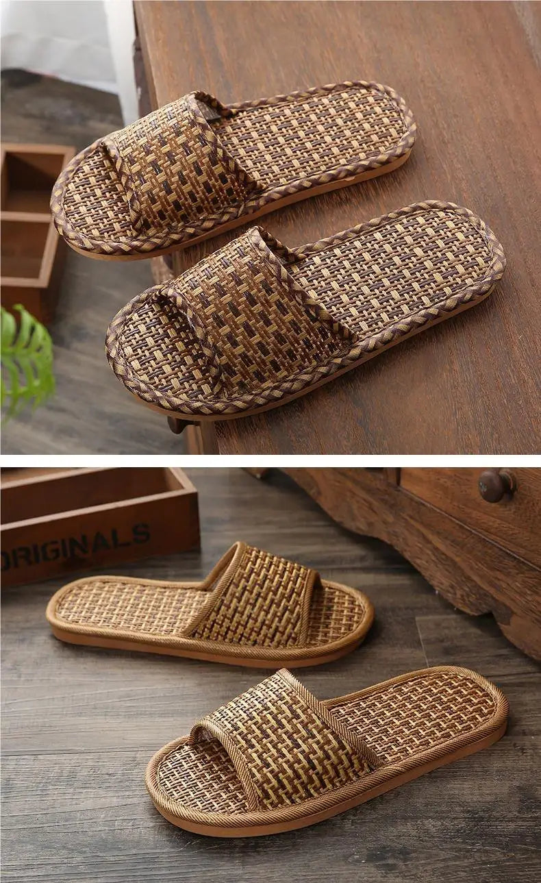 Bamboo Rattan Grass Summer Home Couple Wholesale Street Stall Indoor Thickened Soft Bottom Wooden Floor Home Linen Slippers