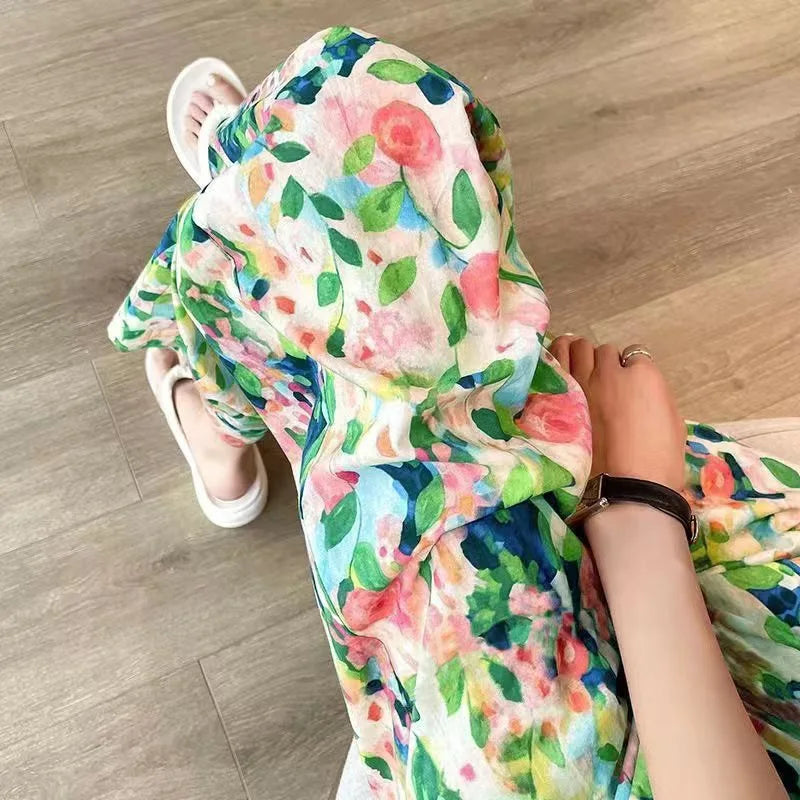 Beach Pants Loose Wide-Leg Pant Female Seaside Leisure INS High Waist Cropped Pant Straight Floral Trousers 2024 Summer New