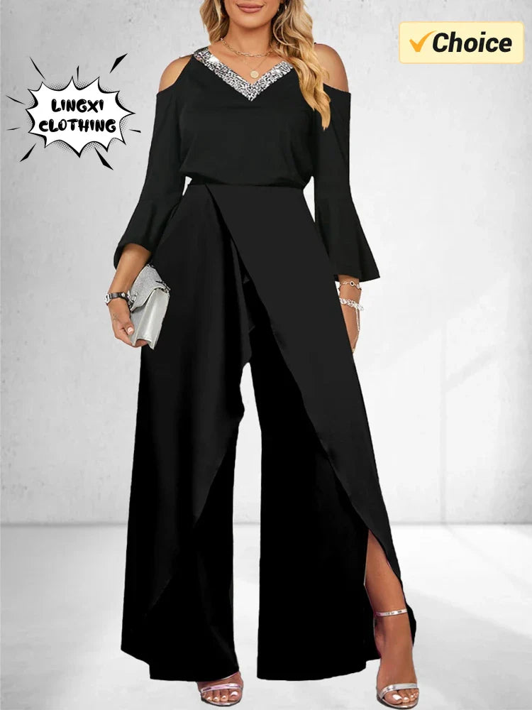 2024 Women's New Split Sequin Solid V-neck Basic Business Elegance Wide Leg Loose Sleeve Flare Sleeve Jumpsuit  Bodysuit
