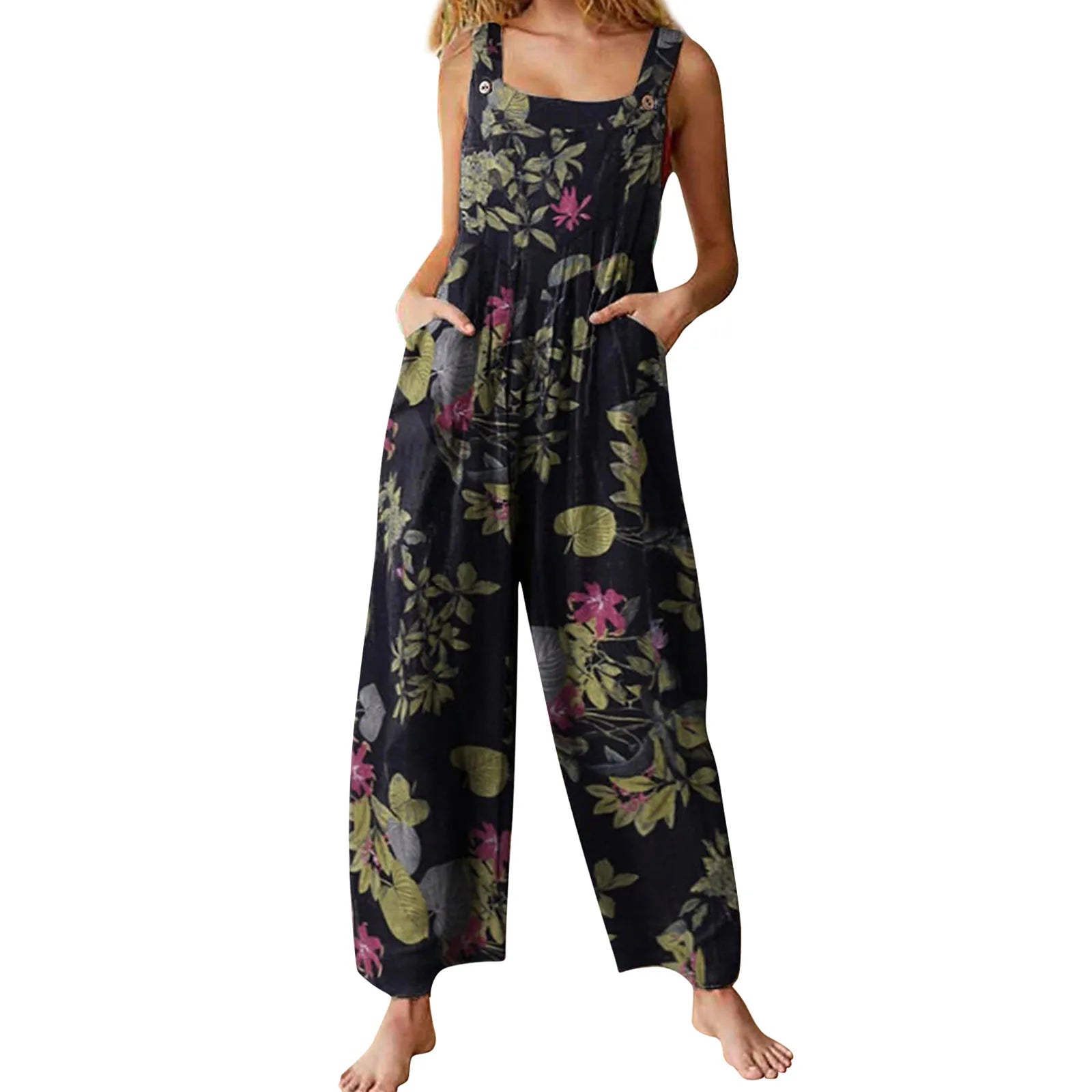 5XL Women Jumpsuit Vintage Leaf Floral Print Square Neck Sleeveless Rompers Overalls with Pockets Y2k Harajuku Streetwear