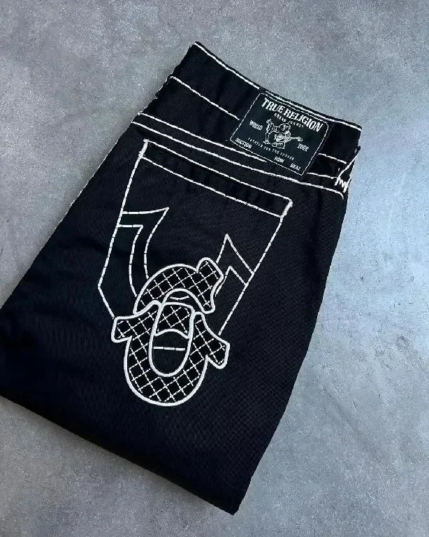 Buddha Statue Pocket Embroidery Low Waist Jeans Hip-hop Punk Street Fashion Washed Casual Jeans Women's Clothing