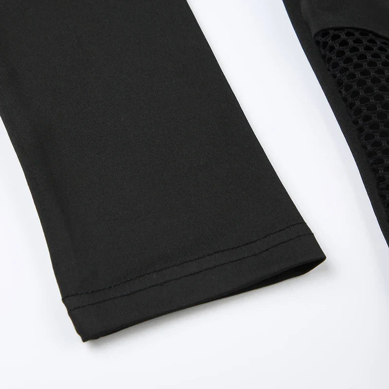 CIBBAR Gothic Black Crop Top Chic See Through Mesh Patchwork Full Sleeve Skinny Basic T-shirt Women Punk Style Stitched T Shirts