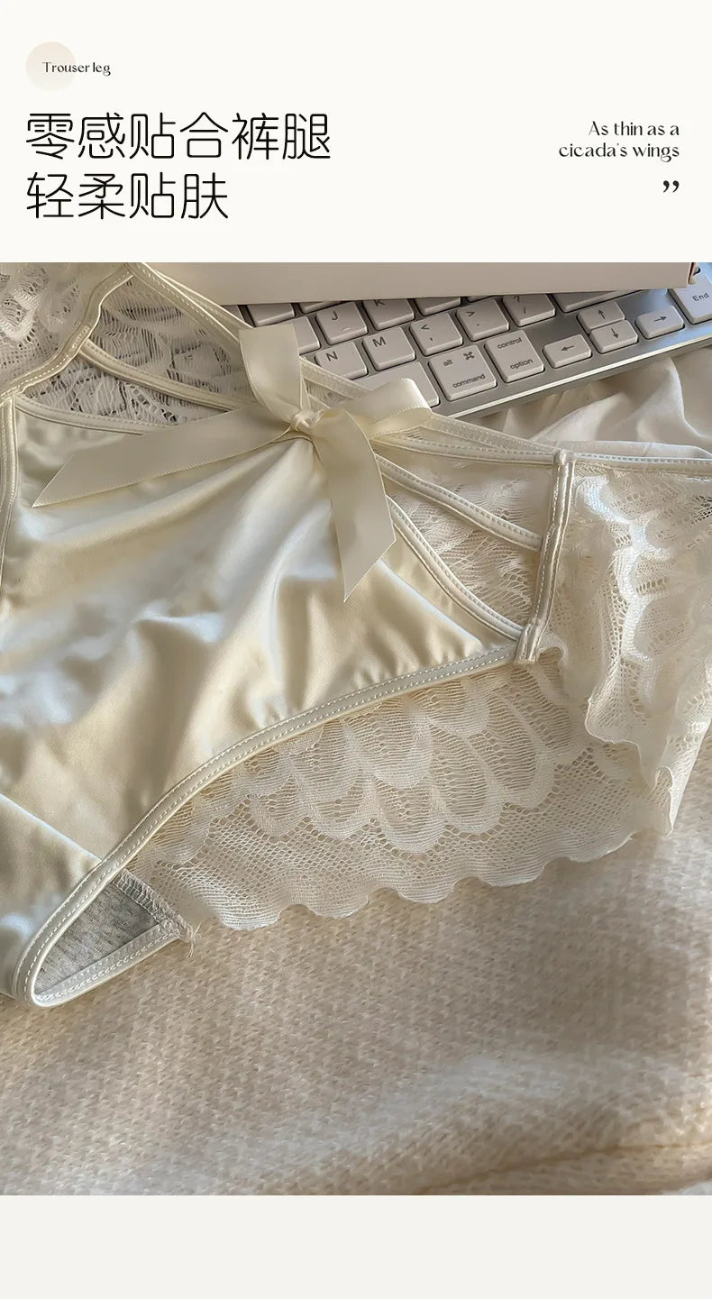 5Pcs Silk underwear, Women's intimate  sexy lovely soft ﻿comfortable bowknot silk  light  thin triangular pants lace splicing
