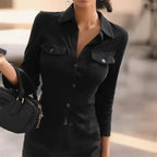 Black Shirts Woman Elegant Fashion Streetwear Female Slim Blouse Spring Summer Thin Y2K Casual Office Ladies Sexy Tops White