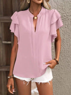 Dark Green Elegant Pullover Blouse 2024 Women's Summer New V-neck Casual Double Layered Ruffle Sleeves Solid Color Shirt Top