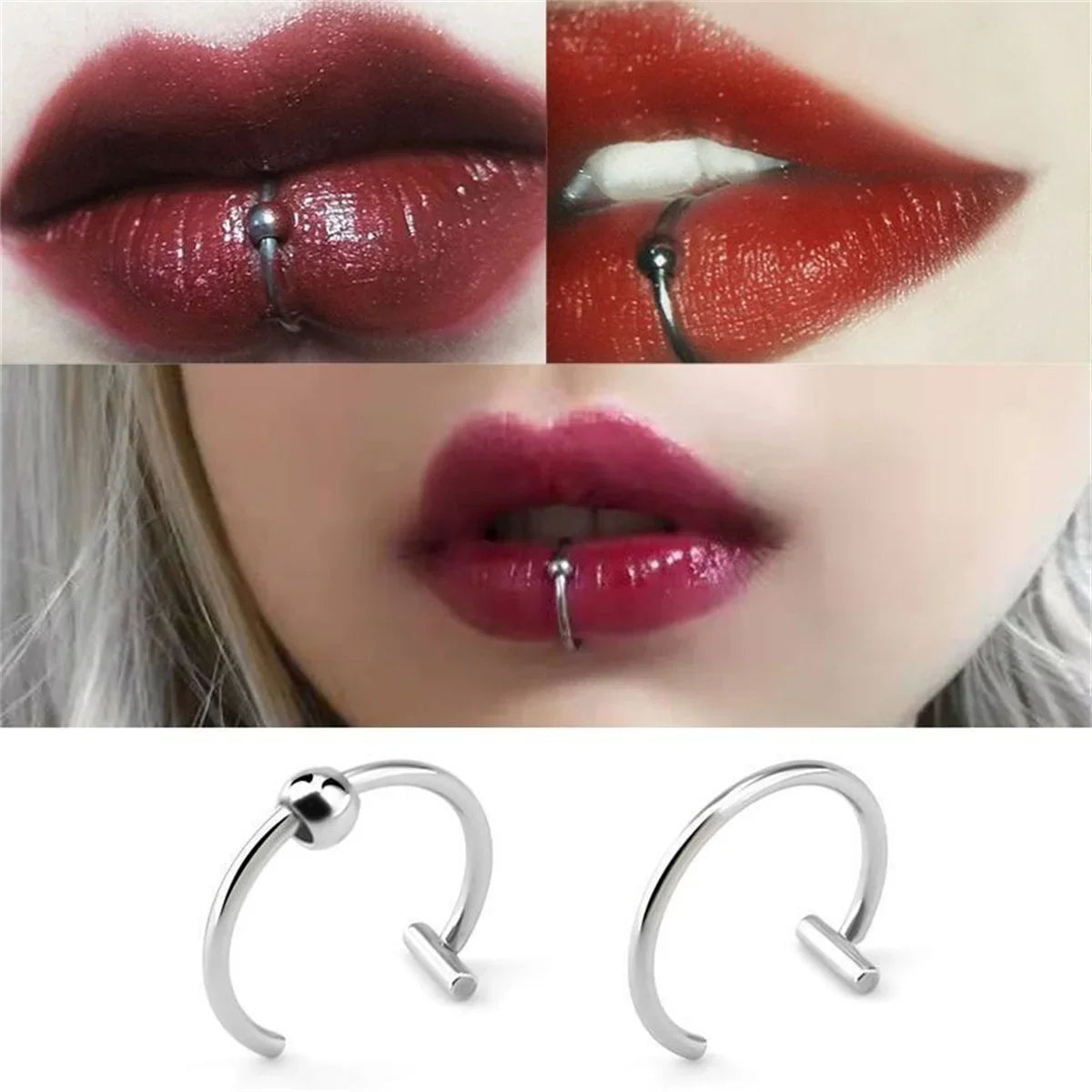 2/4Pcs 18G 316L Stainless Steel Fake Lip Rings for Women Men,  Fake Septum Nose Ring Clip On Lip Ring Fake Piercing Jewelry