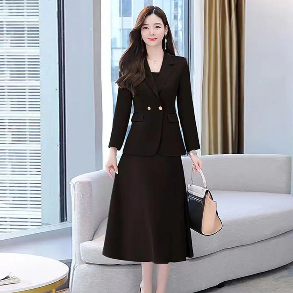 2Pcs/Set Summer Women Suit Dress Outfit  Solid Color Mid-length Lady Dress Sets Light Luxury Commute Sling Dress Coat Set