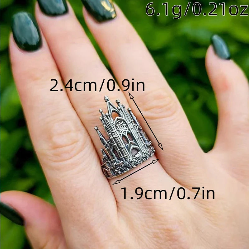 1pc Vintage Castle Architectural Style Hollow Out Fiowers Geometry Gothic Metal Silver Color Open Ring Woman Party Prom