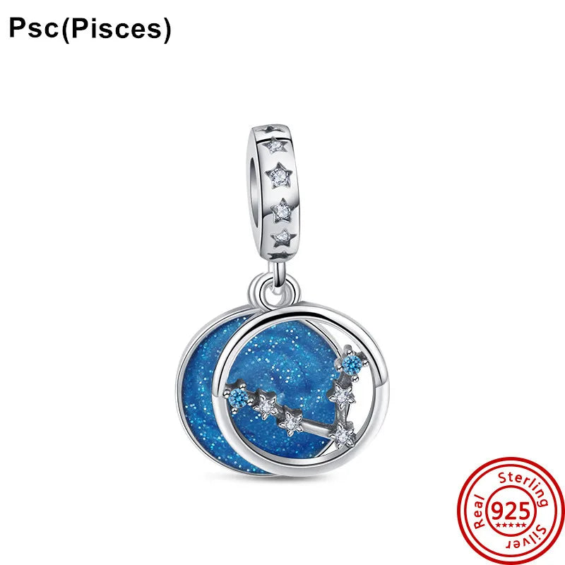 Authentic 925 Sterling Silver Sparkling Aries Leo Scorpio 12 Zodiac Signs Constellation Charm Beads Fit Pantaro Bracelet Jewelry